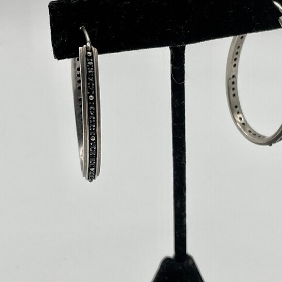 Elizabeth and James Signed Sterling Silver Black Spinel Oval Hoop Earrings